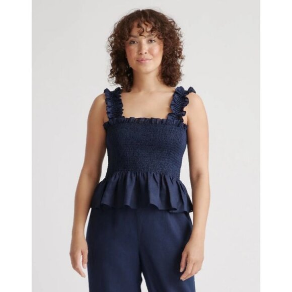 Quince Tops - Quince 100 European Linen Smocked Ruffle Tank Top Navy Large